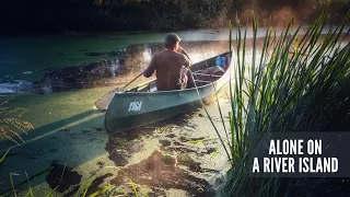 Solo Canoe Camping on a Small River Island - Tarp Shelter, Bushcraft & Campfire Cooking