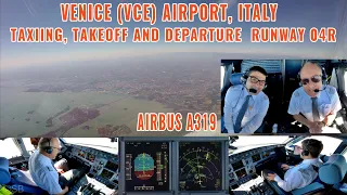 VENICE (VCE), Italy | Takeoff and departure over the city | Airbus A319 cockpit + pilot views