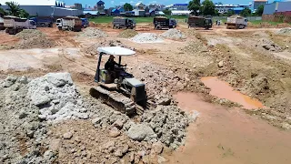 Amazing Scene! Many Dumps Truck Cooperation with Bulldozer D21P&D2B Pushing Soil Stone to Water EP12