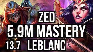 ZED vs LEBLANC (MID) | 5.9M mastery, 10 solo kills, Godlike, 17/4/6 | KR Master | 13.7