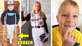 BROKEN ANKLE BASEBALL GAME, HIGH SCHOOL SOFTBALL GAME, and PULLING OUT HIS FRONT TOOTH!