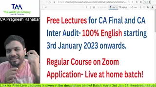 Free Lectures for CA Final and CA Inter Audit Starting 3rd Jan 2023 | Register Now|