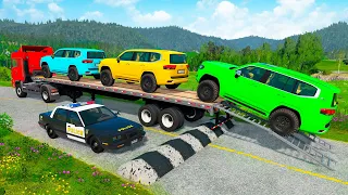 Flatbed Trailer Toyota LC Cars Transportation with Truck - Speedbumps vs Cars - BeamNG.Drive #01