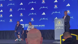 Emma Bates and Scott Fauble talk after finishing as the top 2 Americans at 2023 Boston Marathon