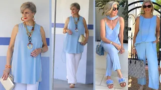 Cómo vestir con estilo usando looks para mujeres de 50 y 60 años en tonos azul claro ✨💯