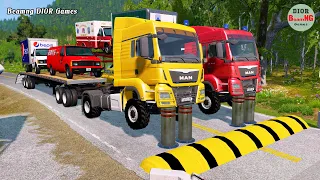 Double Flatbed Trailer Truck vs speed bumps|Tractor vs Train|Beamng Drive|251