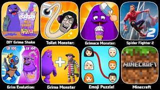 DIY Grima Shake,Toilet Monster,Grimace DOP,ASpider Man 2,Grima Run,Emoji Puzzle,Minecraft