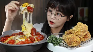 ASMR PEPPERONI CHEESE FRIED RICE & CRISPY CHICKEN | COOKING & MUKBANG | EATING SOUNDS