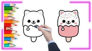 How to Draw a Cute Cat Popsicle for Kids Easy Step by Step Kitty Ice Cream - Cute Kawaii Drawings