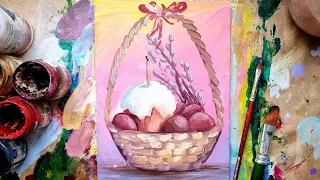 EASTER BASKET | Easter cake, Easter eggs, willow, candle - how to draw ✌️ Step by step for beginners