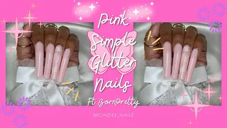 HOW TO DO A QUICK SIMPLE NAIL SET|CUTE PINK AND GLITTERY ✨