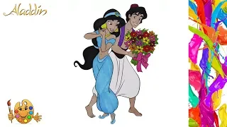 Coloring Aladdin & Jasmine with flowers | Coloring pages  | Coloring book |