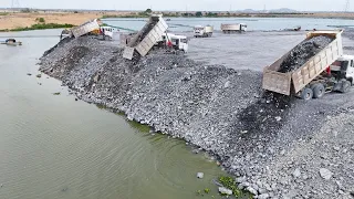 Good Operating Large Lake Stone Filling Using Wheel Loader with Dump Truck Remove Stones and Placing