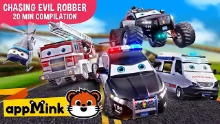 #appMink kids cartoon – Police Car, Fire Truck & Garbage Truck Chasing Evil Bus