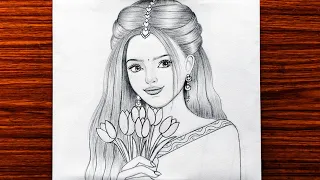 Traditional girl with flowers drawing/Bride drawing/Saree drawing/Girl drawing/Pencil Sketch