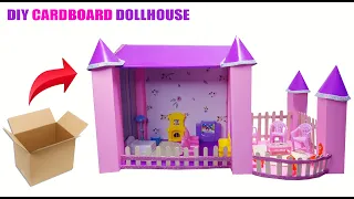 DIY Miniature Dollhouse Using Carboard Box #4| Pink Dollhouse Castle Villa made of Carton Box