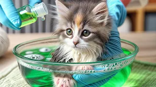 The kitten has a disease leading to hair loss all over the body. Bathed with special medicine😘 Funny