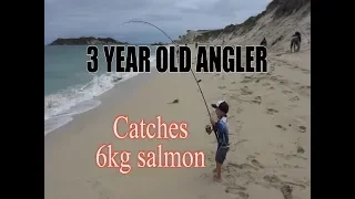 3 year old catches massive salmon, music free version