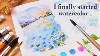 Watercolor for Beginner Blue Flower Meadow