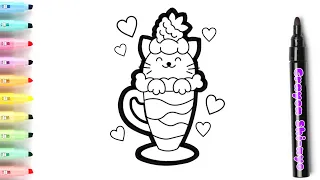 Cute cat cup ice cream drawing painting and coloring for children and toddlers | easy drawing