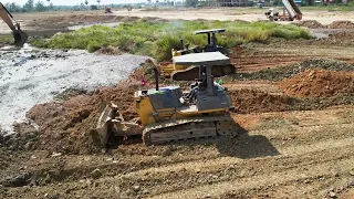 New Update Project Land Filling Up 2 Bulldozer KOMATSU Pushing Clearing Soil Rock Truck Unloading