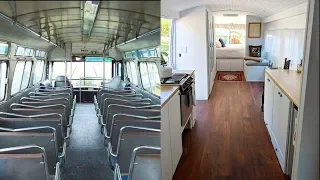 Woman renovates a Greyhound bus into a chic tiny home that is now for sale