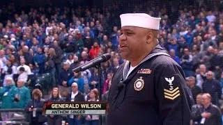 HOU@SEA: Navy veteran performs national anthem