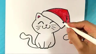 EASY How to Draw a CHRISTMAS KITTY CAT