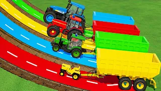 MINI & BIG POLICE TRACTOR & TRAILER vs PORTAL TRAP! SUNFLOWER TRANSPORTING - PARKOUR COLORS! ! FS22