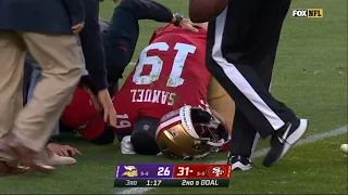 Deebo Samuel collapses, leaves the field after Nick Vigil flips over