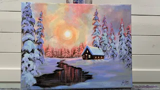How To Paint  A CABIN IN WINTER | acrylic Painting Tutorial