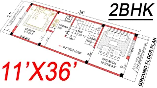 11X36 House Plan | 44 गज घर का नक्शा | 11X36 Small House Plan | 396 Square Feet House | West Facing