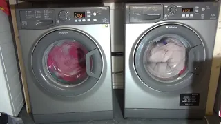 Jumping Hotpoint washing machine - bedding with towels = this.