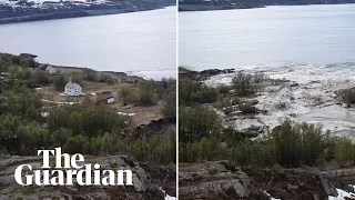 Moment powerful landslide sweeps away buildings in Norway