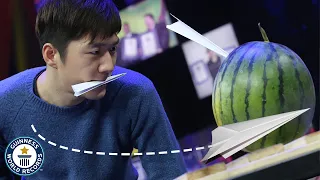 Paper airplanes into watermelons challenge - Guinness World Records