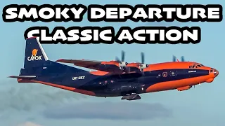 HEAVY SMOKY DEPARTURE: CAVOK Air Antonov AN-12 slow climb at Montreal (YMX/CYMX)
