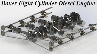 DOHC Boxer Eight cylinder / B8 four stroke diesel engine working animation Solidworks & Photoview360