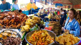 Cambodian street food countryside - delicious grilled fish, frogs, snails, Chicken, Fruit & More