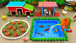 DIY mini farm model with goldfish aquarium | cowshed - animals barn | water pump for tomato | HPMini