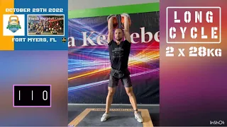 110reps of LONG CYCLE 2 x 28kg kettlebells at City of Palms Classic by Denis Vasilev