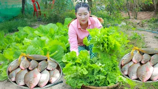 Countryfood cooking with Sros's family | Fresh fish ball spinach soup, corn dessert, fish fry recipe