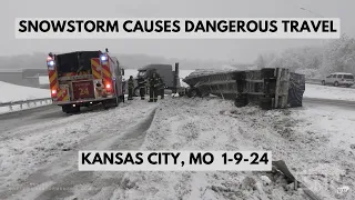 01-09-2024 Kansas City, MO - Semi Trailer Overturned - Slide Offs Along I70 - Blowing Snow