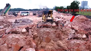 Amazing Bulldozer KOMATSU Pushing Too Much Big Rock into the Water