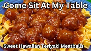 Sweet Hawaiian Teriyaki Meatballs with Buttered Noodles - slow cooker main dish - few ingredients