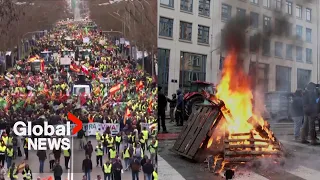 European farmers burn tires, protest at EU ministers meeting: "We don't make a living"