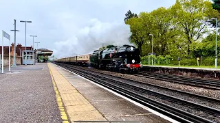 35028 Clan Line makes a triumphant return to the mainline, seen at Brookwood 27th April 2024