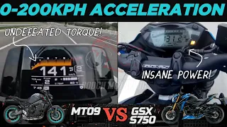 Yamaha MT09 🆚️ Suzuki GSX S750 | 0-200kph Acceleration | Top Speed Attempt 🔥