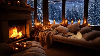 Light Snowstorm and  Crackling Fire with Candles - With Winter Wonderland View - Sleep, Relax, Study