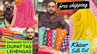 Premium Banarasi Suits, Dupattas & Lehengas at Khizar Silk Estate, Varanasi. Free Sipping.