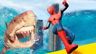 GTA 5 Epic Ragdolls - Spiderman vs Megalodon Ep.13 [Euphoria Physics | Flooded Los Santos | Fails]